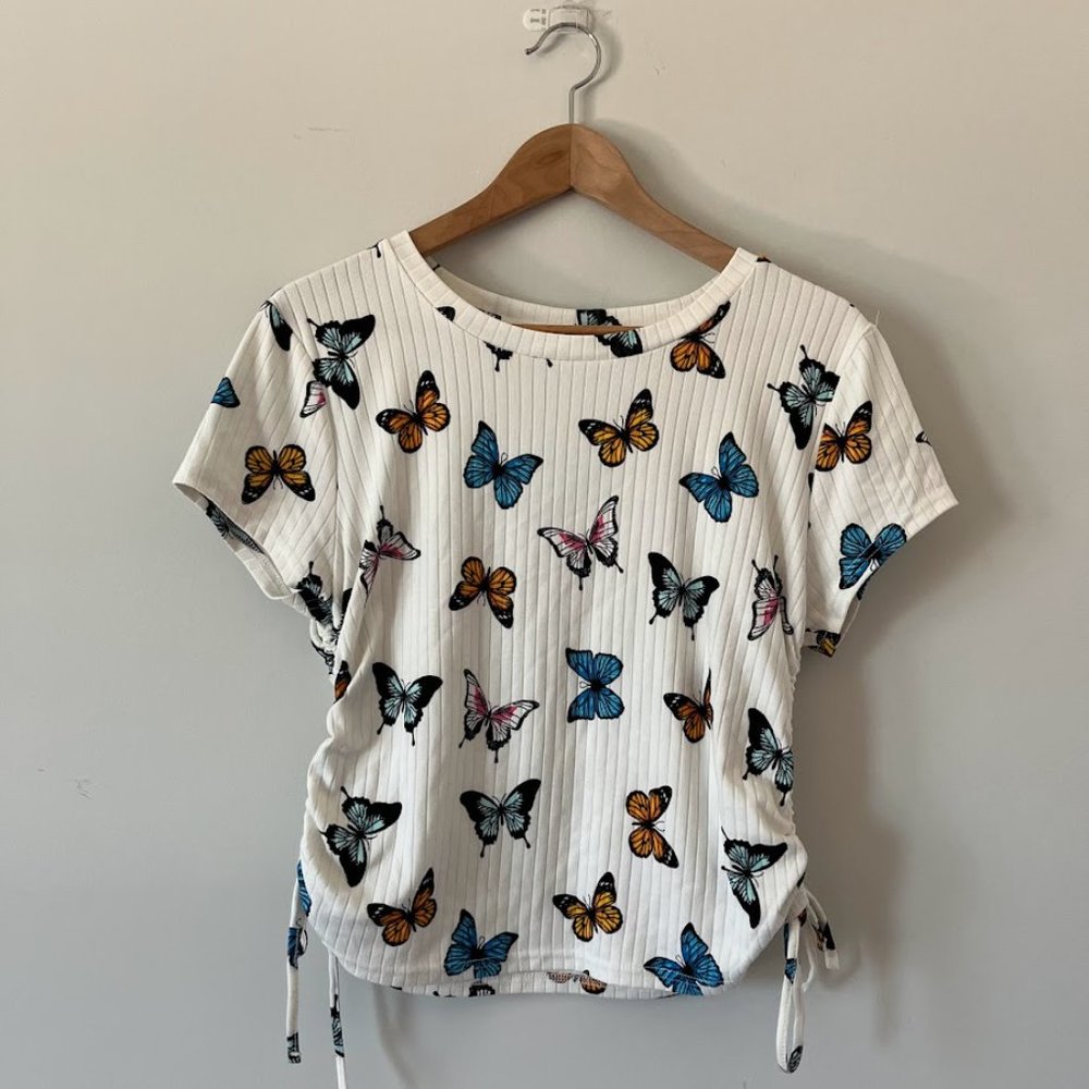 {Rue +} Butterfly ruched cap sleeve scoop neck stretch-fabric crop top NWOT